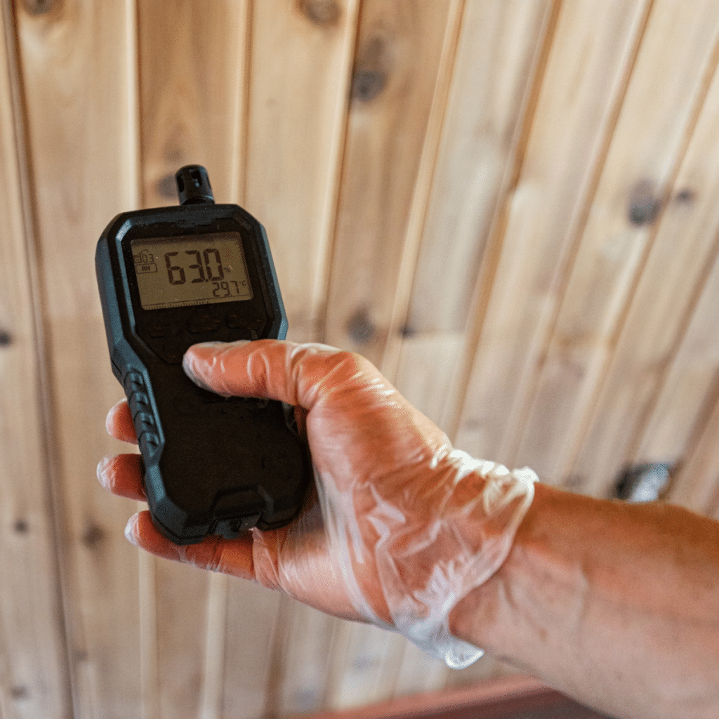 hand holding indoor air quality tester inside a home