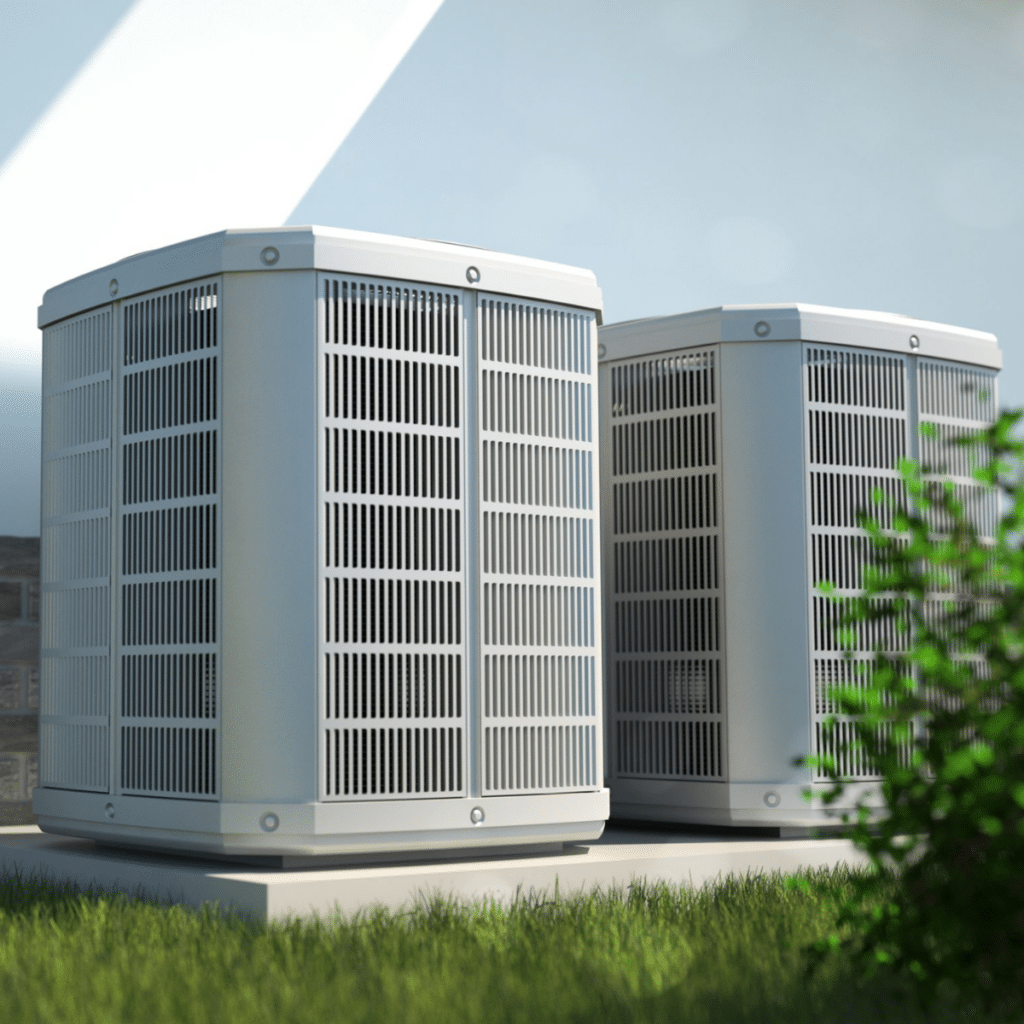 two heat pumps positioned outside of home