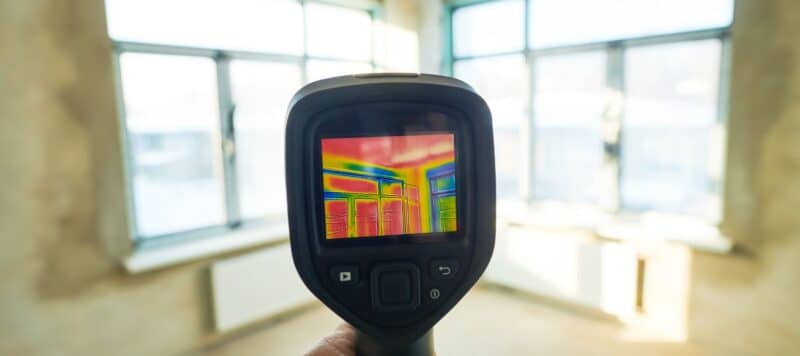 closeup of a heat gun pointing at a room showing the areas of heat through the windows