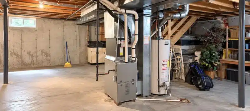 Residential furnace and HVAC ductwork installed in an unfinished basement.