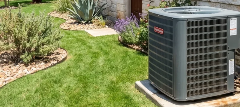 A/C unit on a suburban home placed on a grassy yard.