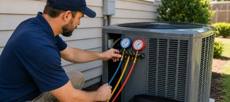 technician working on residential ac tune up